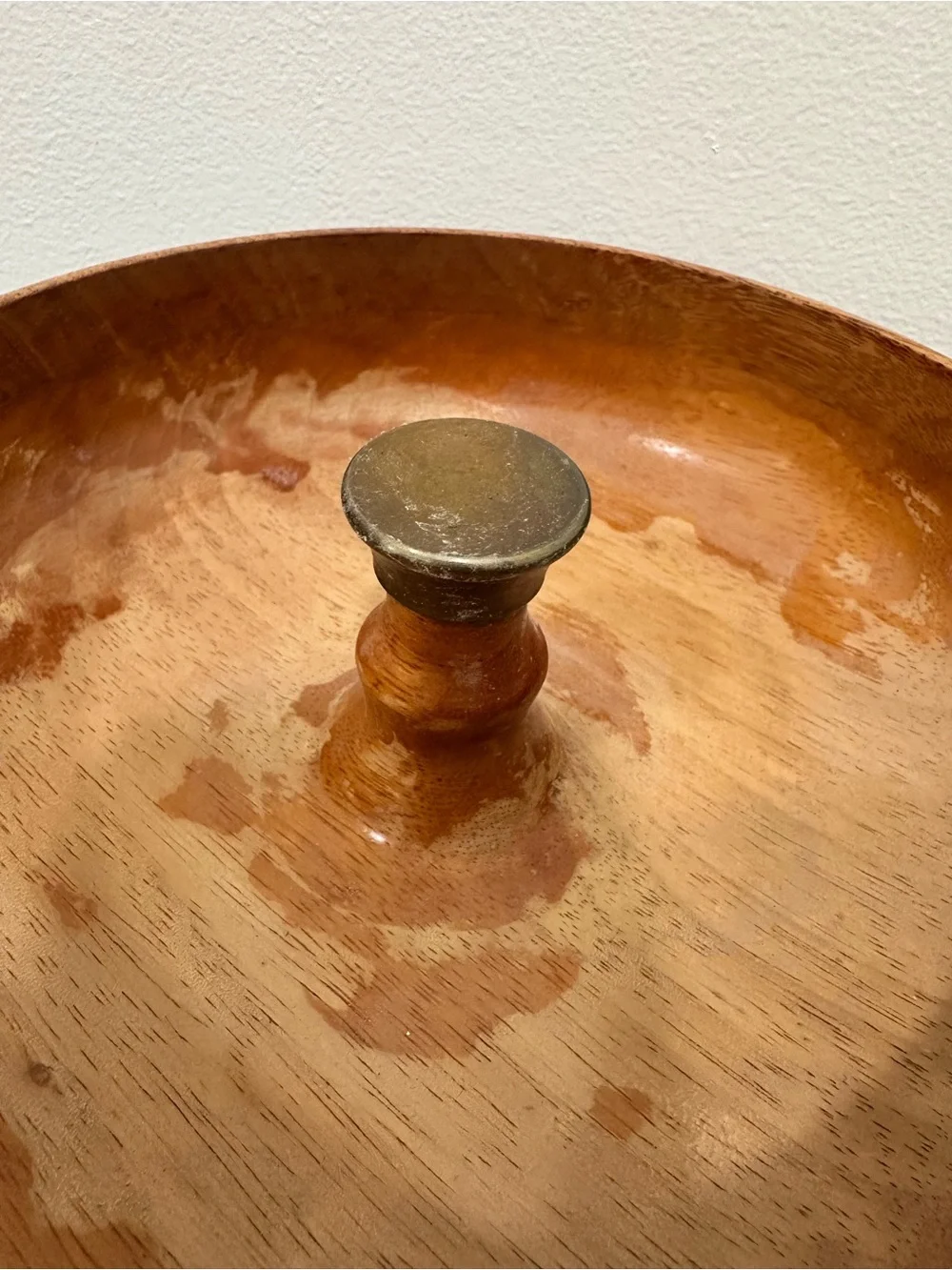 Vintage Hand-Turned Wood Pedestal Nut Bowl Warm Honey Brown Brass Cracking Anvil